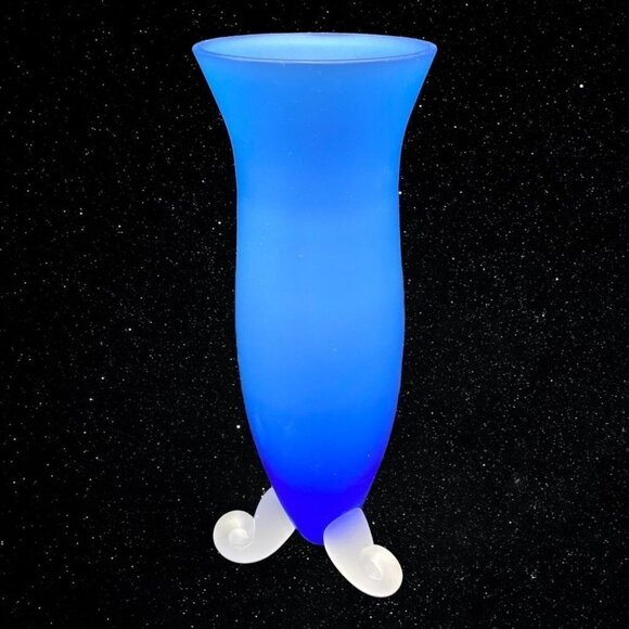 Art Glass Frosted Satin Footed Blue Clear Bud Vase 7”T 3”W - Picture 5 of 7